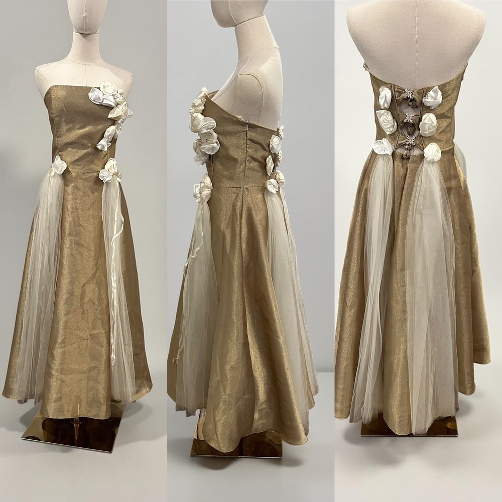 VTG Scott McClintock Gold Metallic Prom Gown Rosette Tulle Formal Dress‎ XXS/XS